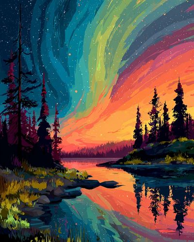 Aurora Forest Lake Print. poster