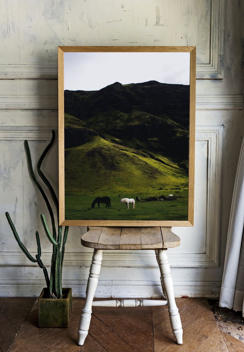 Horses in a Green Meadow — Nature Print. — room view 1