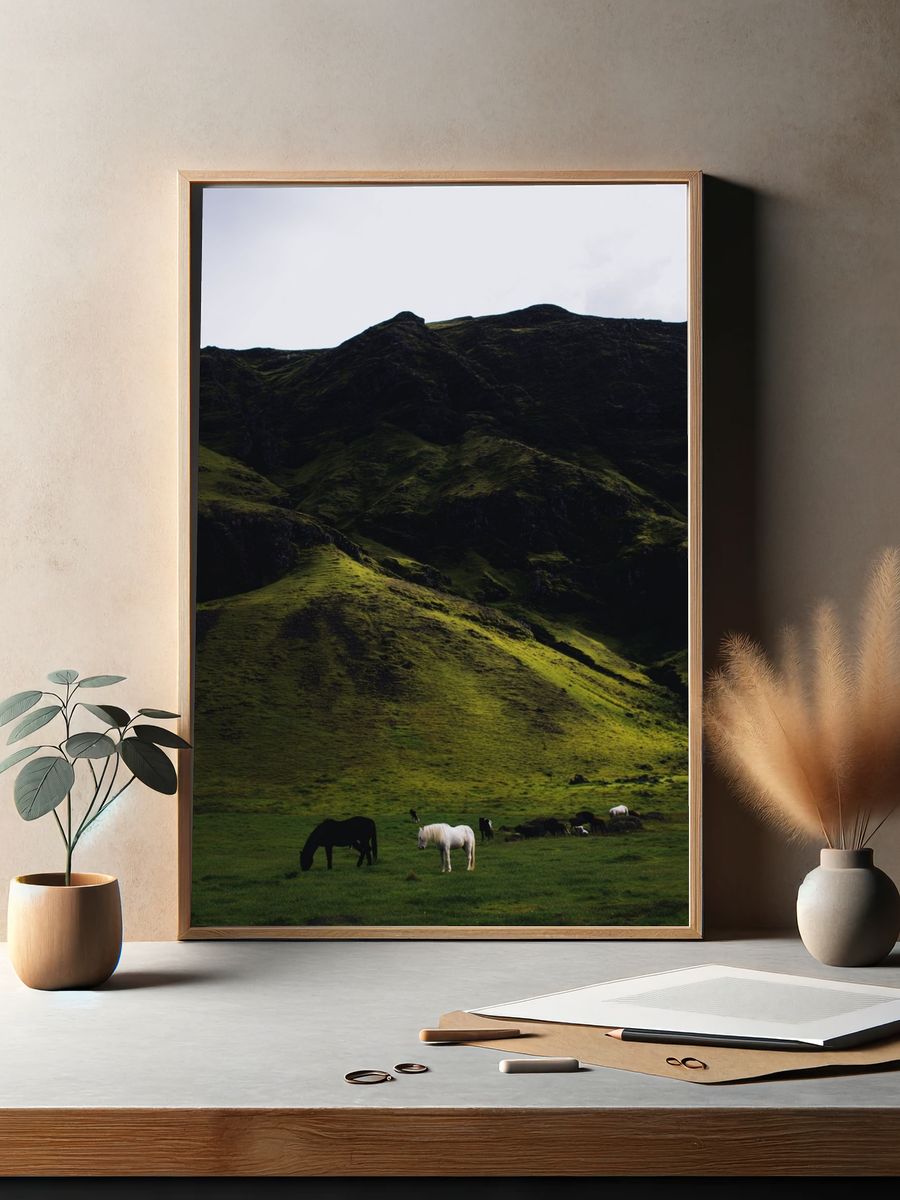 Horses in a Green Meadow — Nature Print. — room view 2