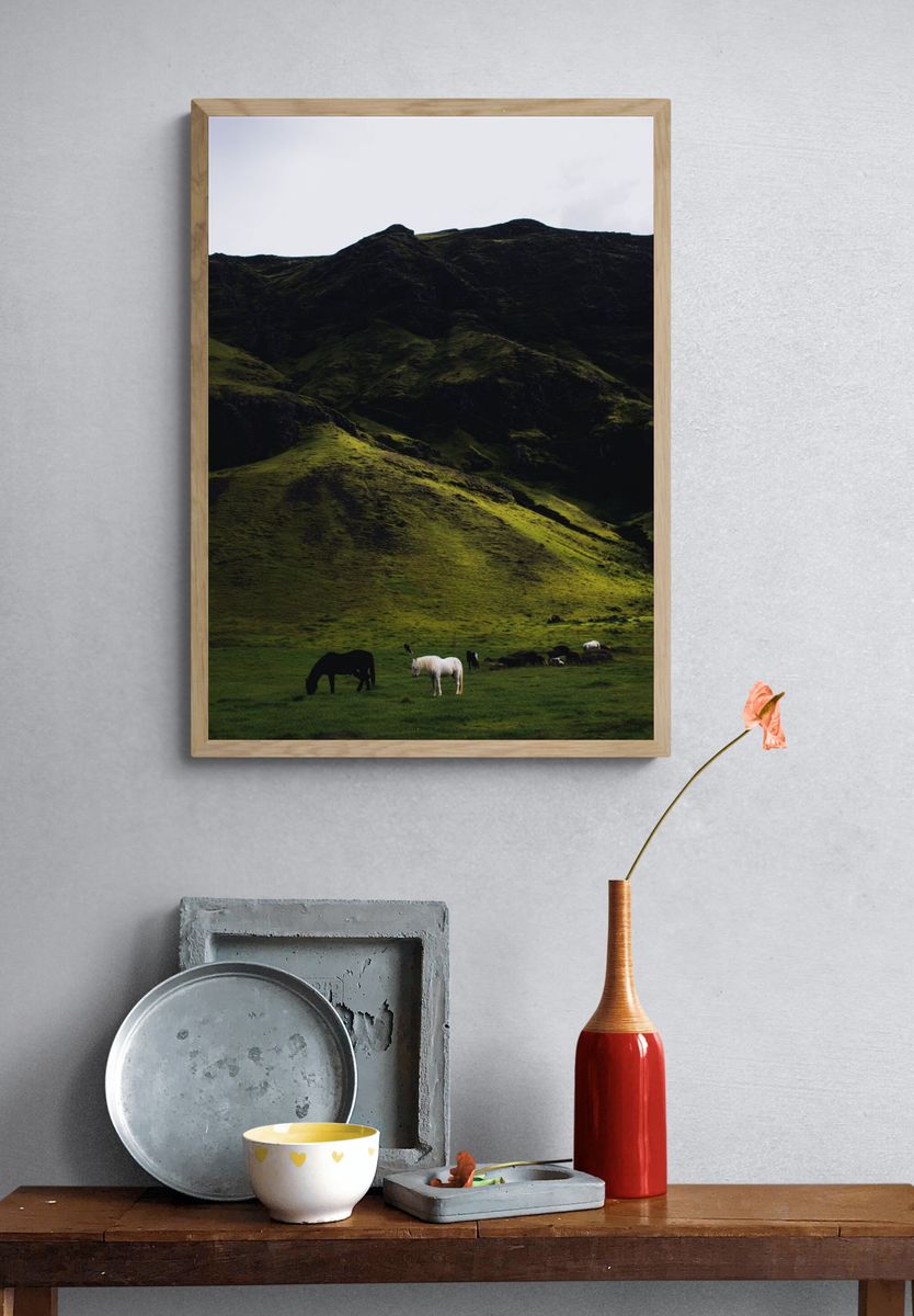 Horses in a Green Meadow — Nature Print. — room view 3