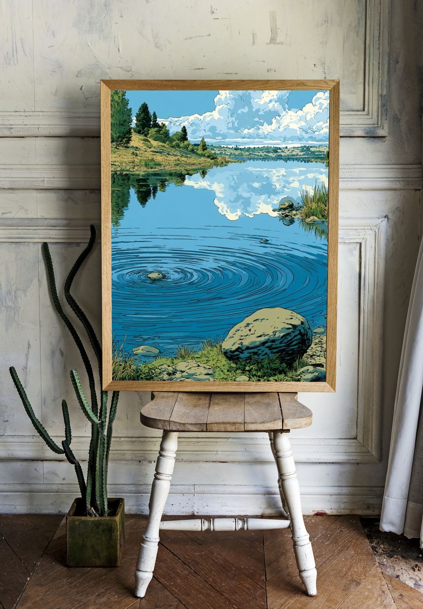 Serene Lake Reflection Illustration Poster. room preview