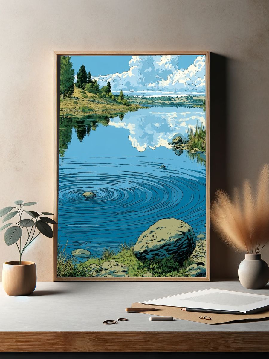 Serene Lake Reflection Illustration Poster. — room view 2