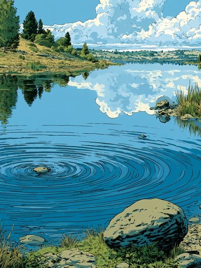 Serene Lake Reflection Illustration Poster. poster