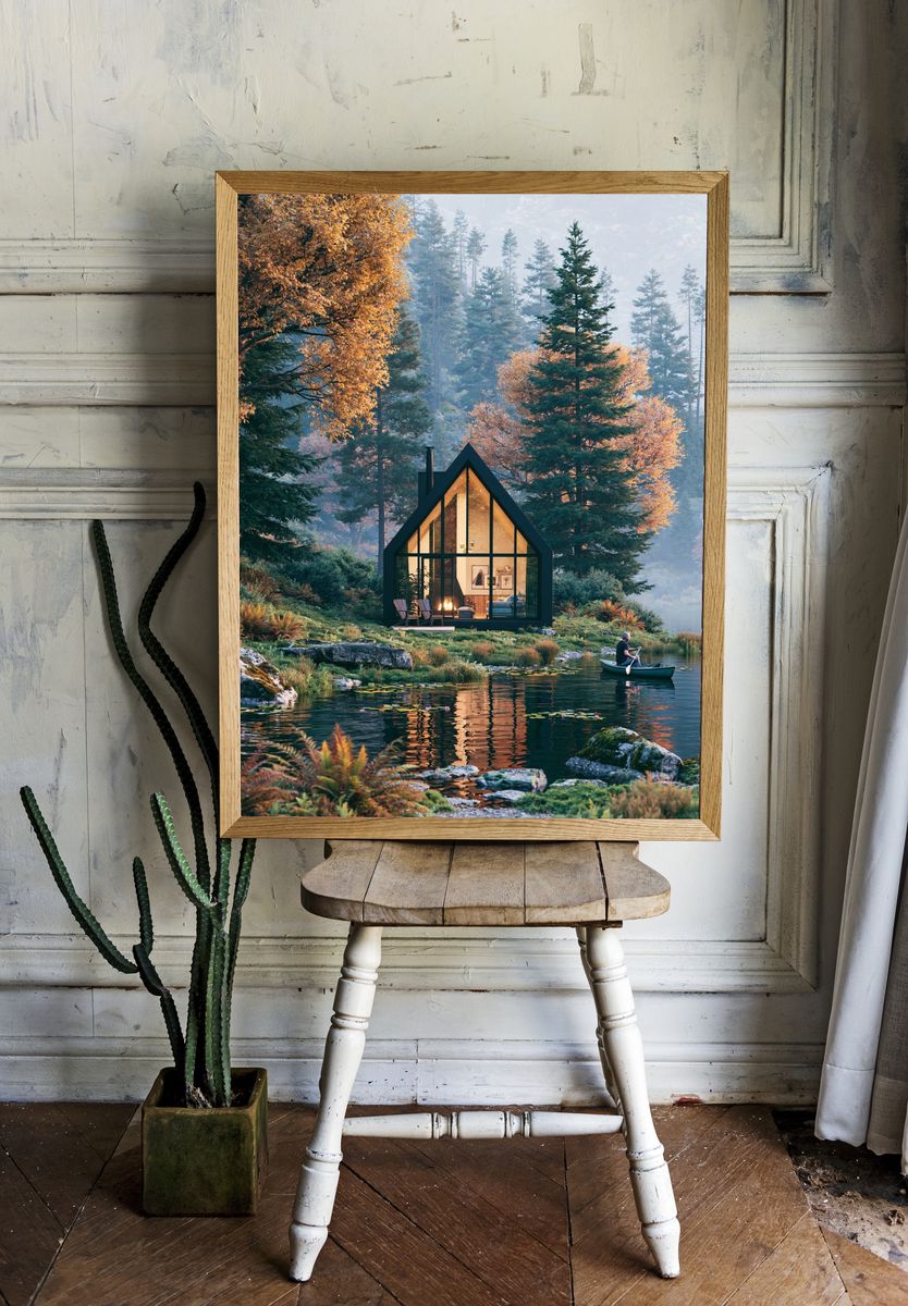 Lakeside Cabin Forest Poster. room preview