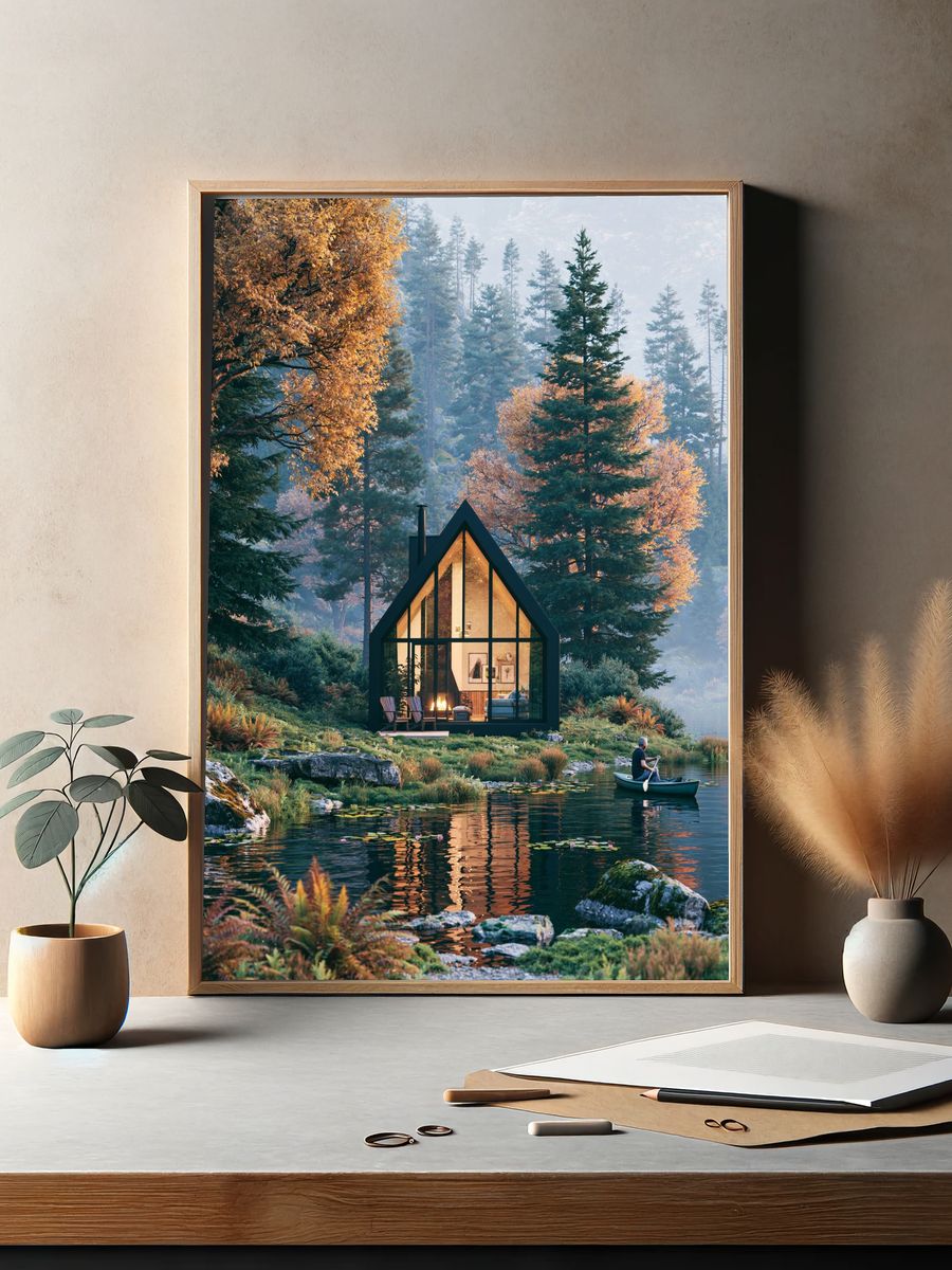 Lakeside Cabin Forest Poster. — room view 2