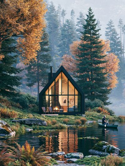 Lakeside Cabin Forest Poster.