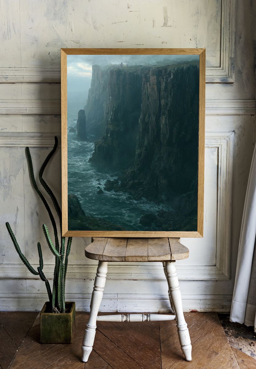 Misty Sea Cliffs Landscape Poster. room preview