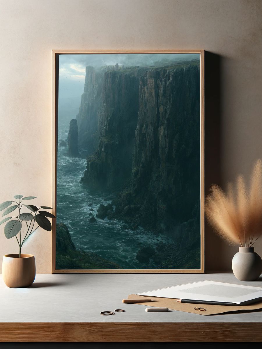 Misty Sea Cliffs Landscape Poster. — room view 2