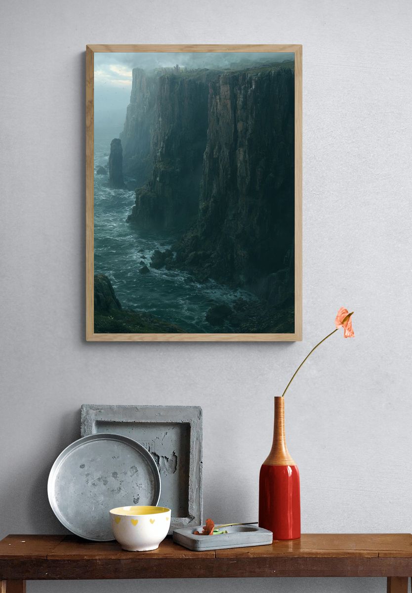 Misty Sea Cliffs Landscape Poster. — room view 3