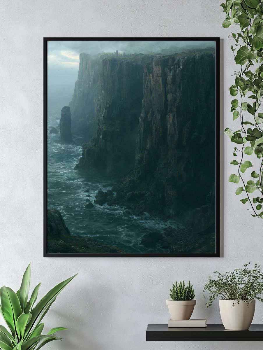 Misty Sea Cliffs Landscape Poster. — room view 4