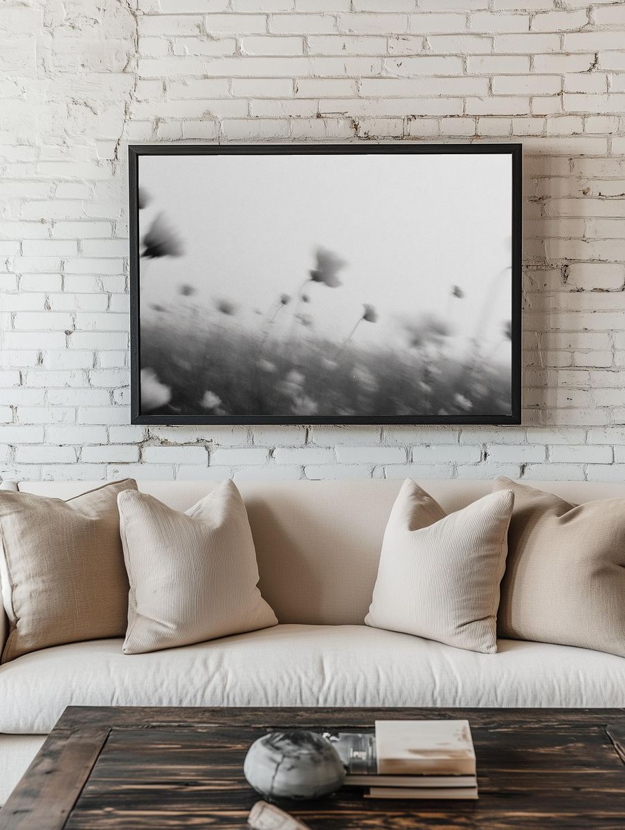 Blurred Wildflowers Black-White Print room preview