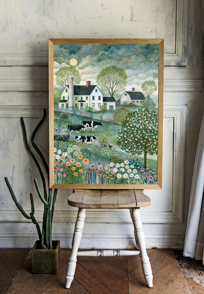 Pastoral Farmhouse Landscape Print. room preview