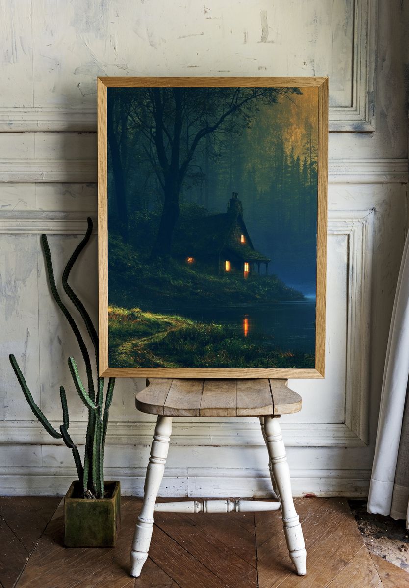 Moonlit Forest Cabin Poster. room preview