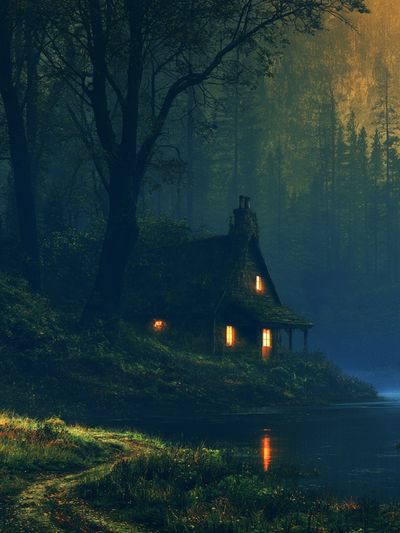 Moonlit Forest Cabin Poster.