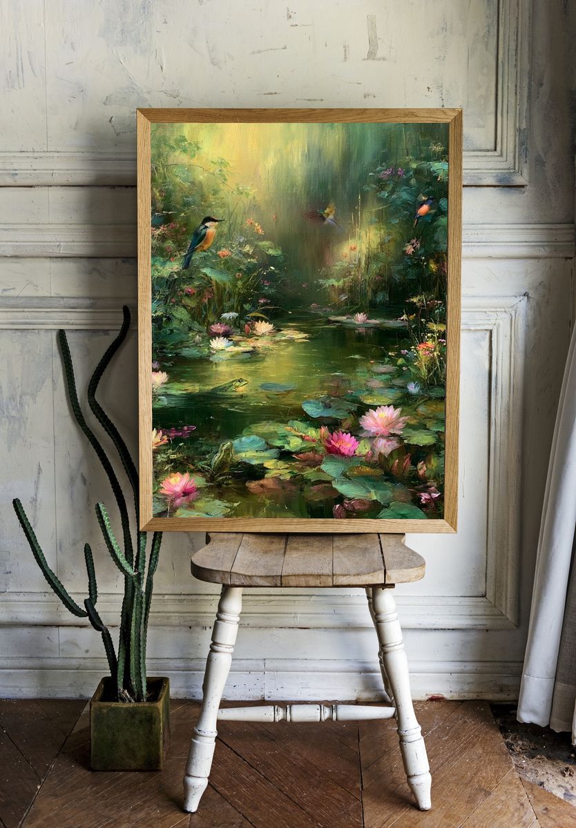 Enchanted Lily Pond Birds Print. room preview