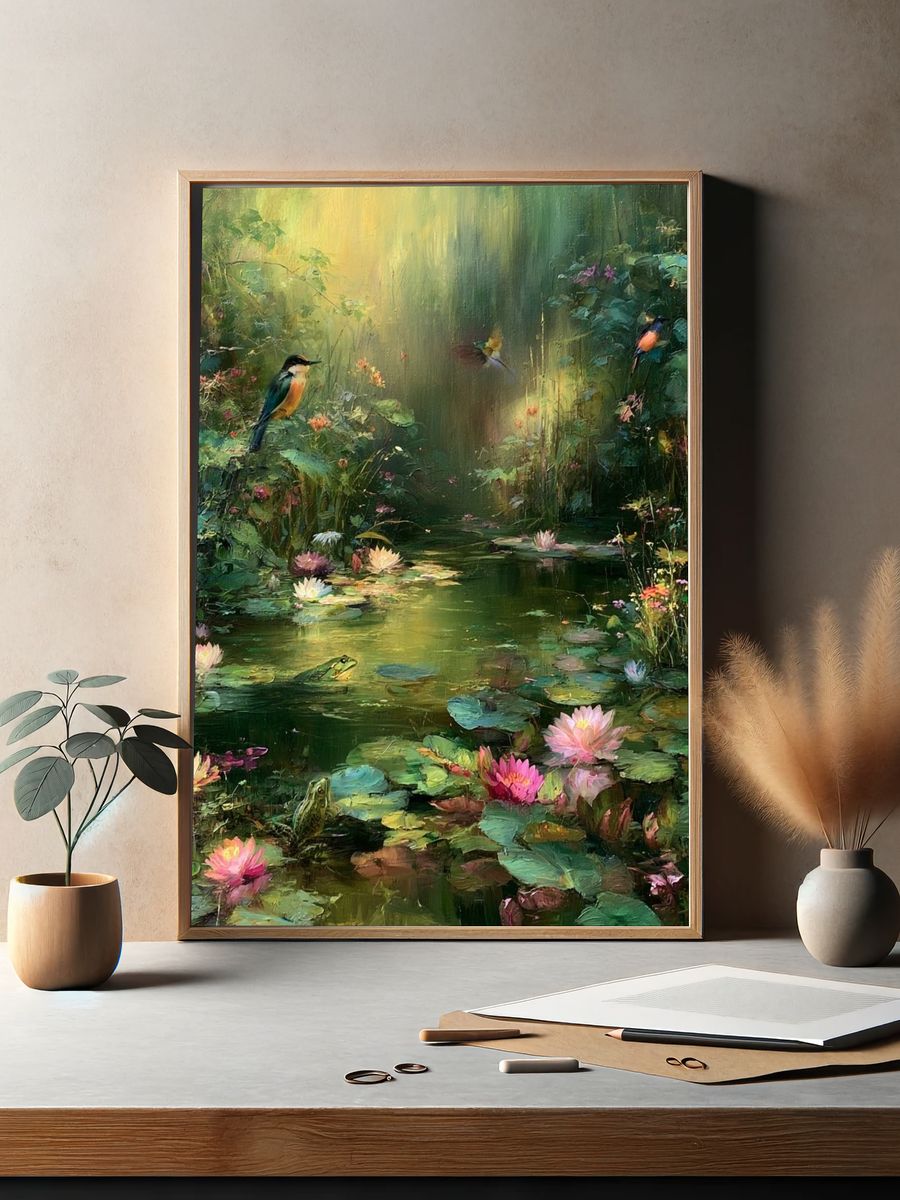 Enchanted Lily Pond Birds Print. — room view 2