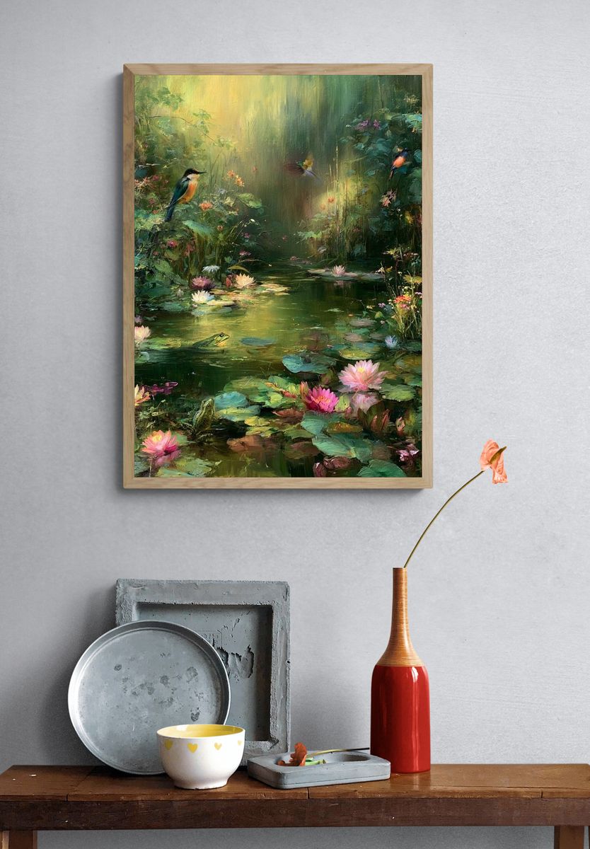 Enchanted Lily Pond Birds Print. — room view 3