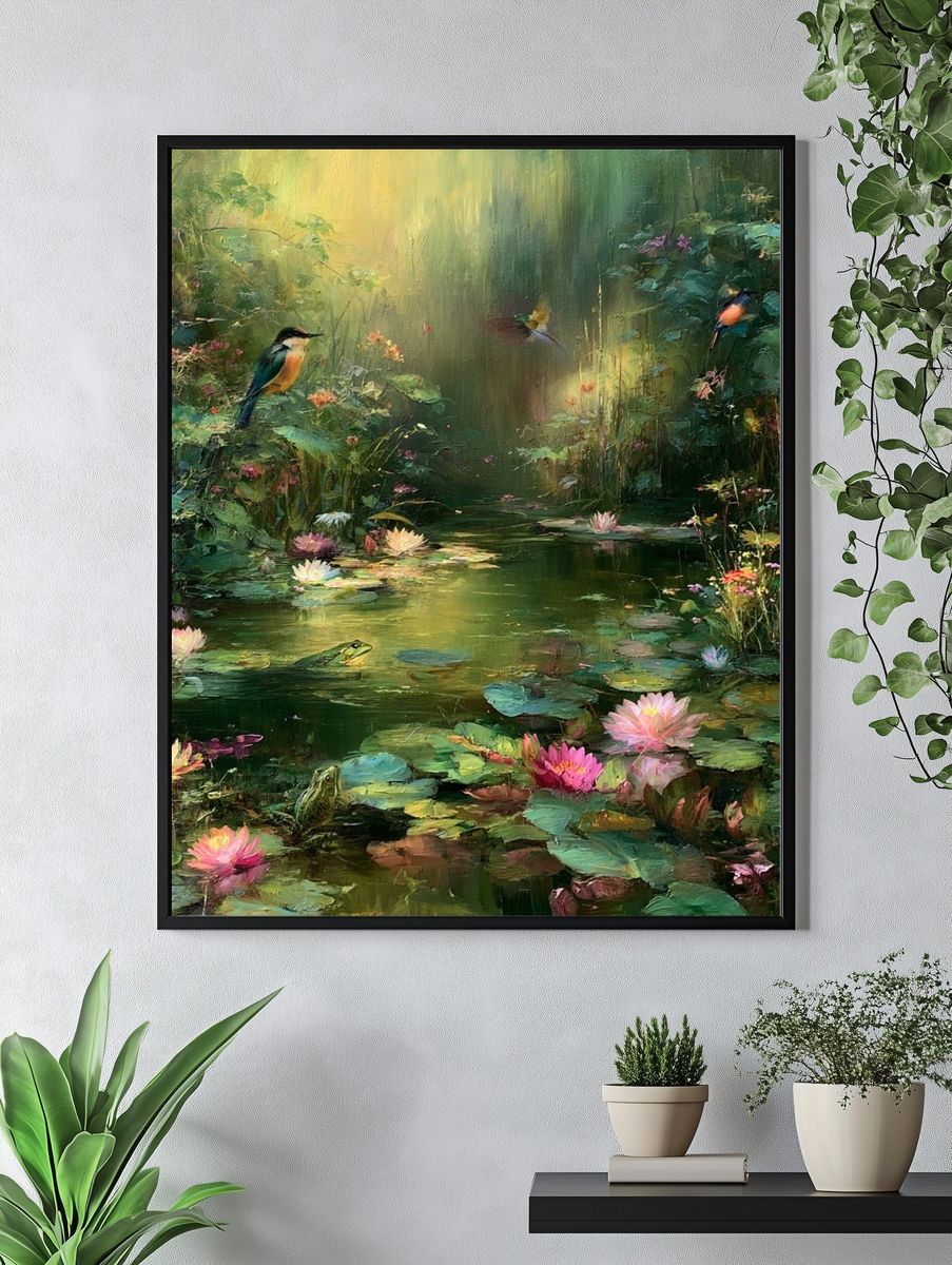 Enchanted Lily Pond Birds Print. — room view 4