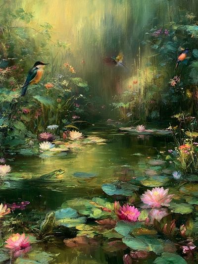 Enchanted Lily Pond Birds Print. poster