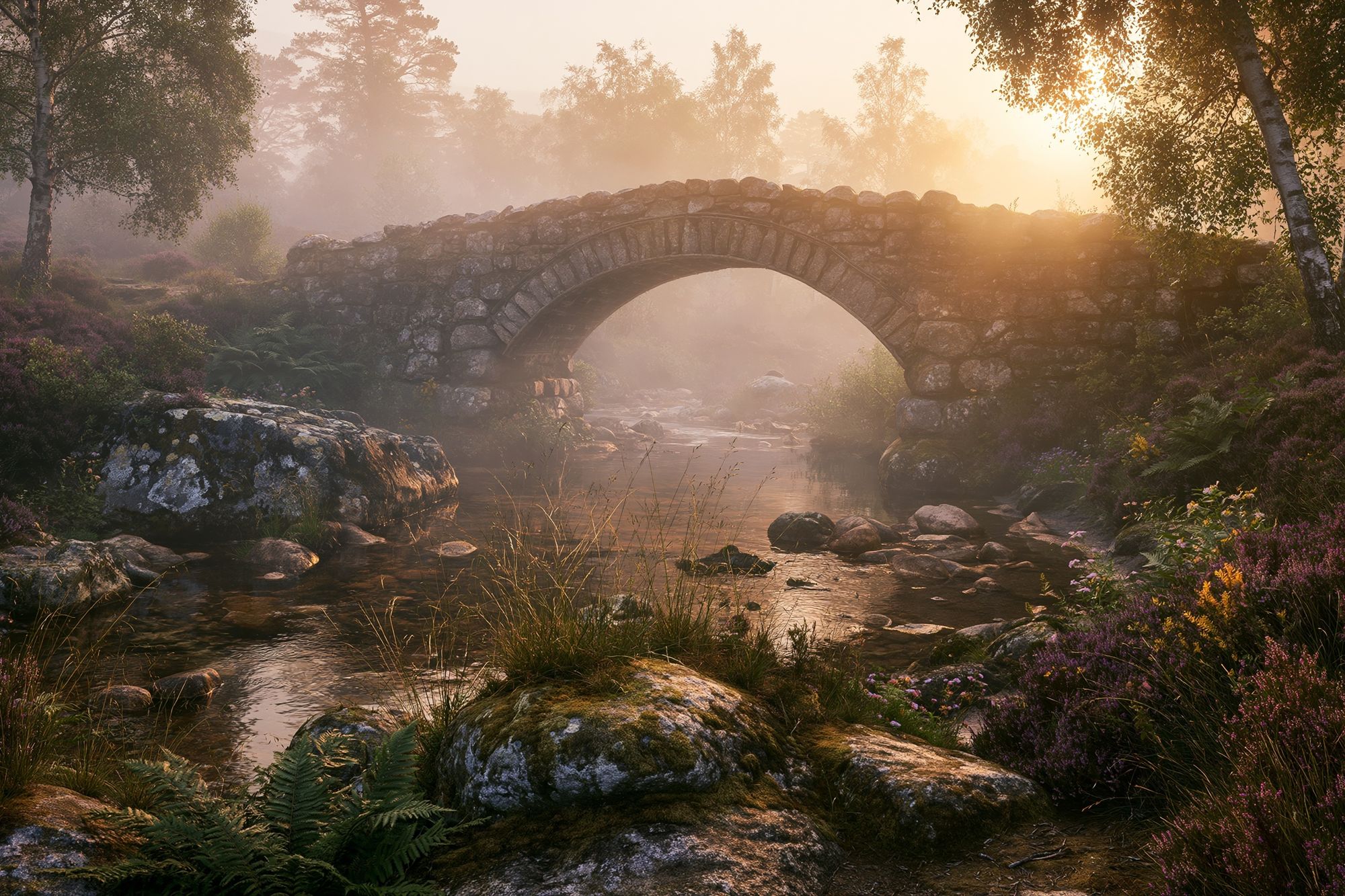 Misty Stone Bridge Forest Poster. poster detail