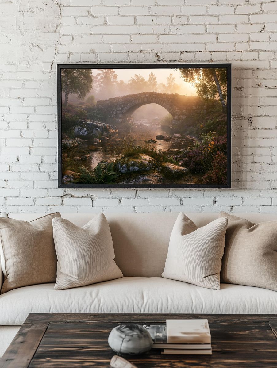 Misty Stone Bridge Forest Poster. room preview