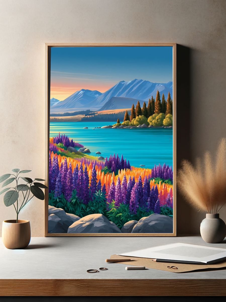 Alpine Lake Wildflower Illustration Poster. — room view 2