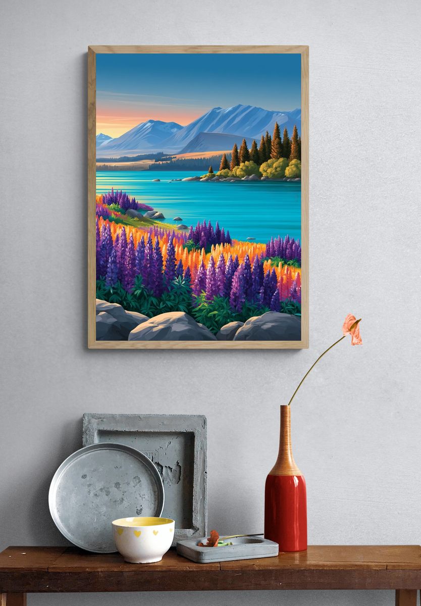 Alpine Lake Wildflower Illustration Poster. — room view 3