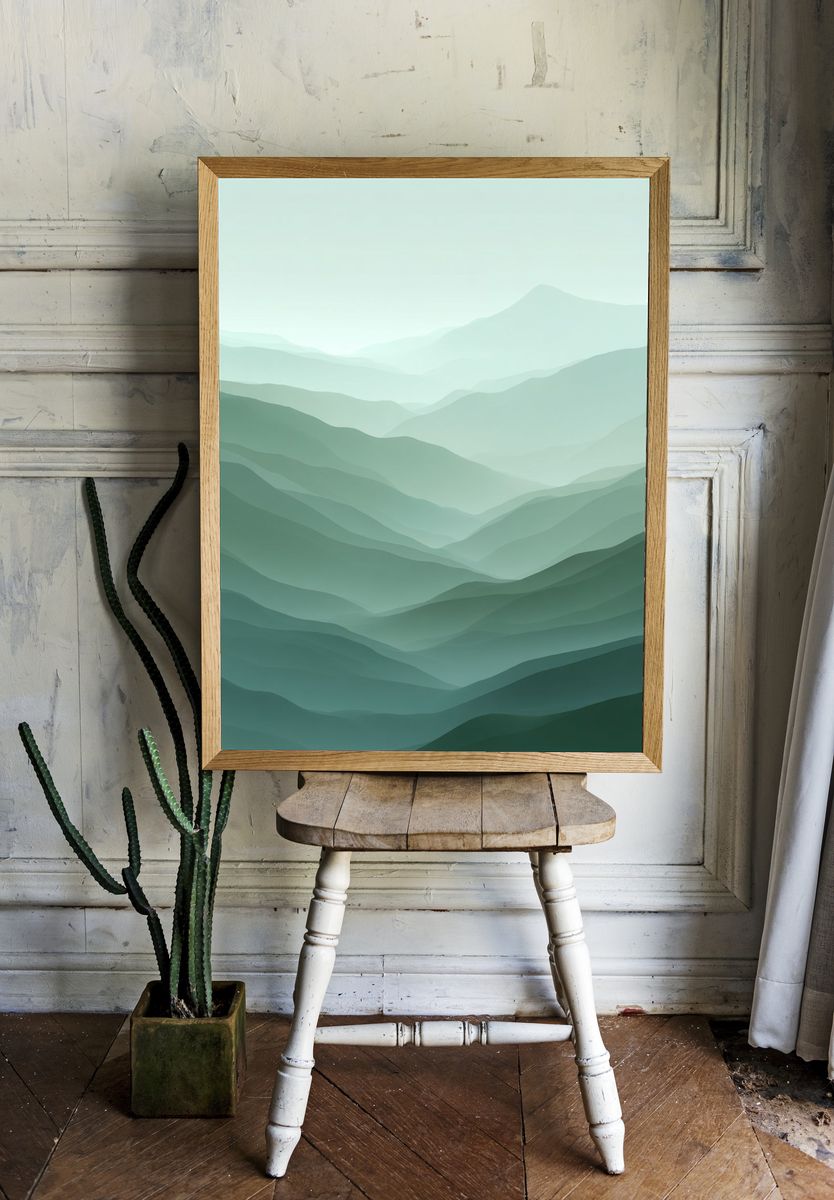 Misty Green Mountain Layers Print. room preview