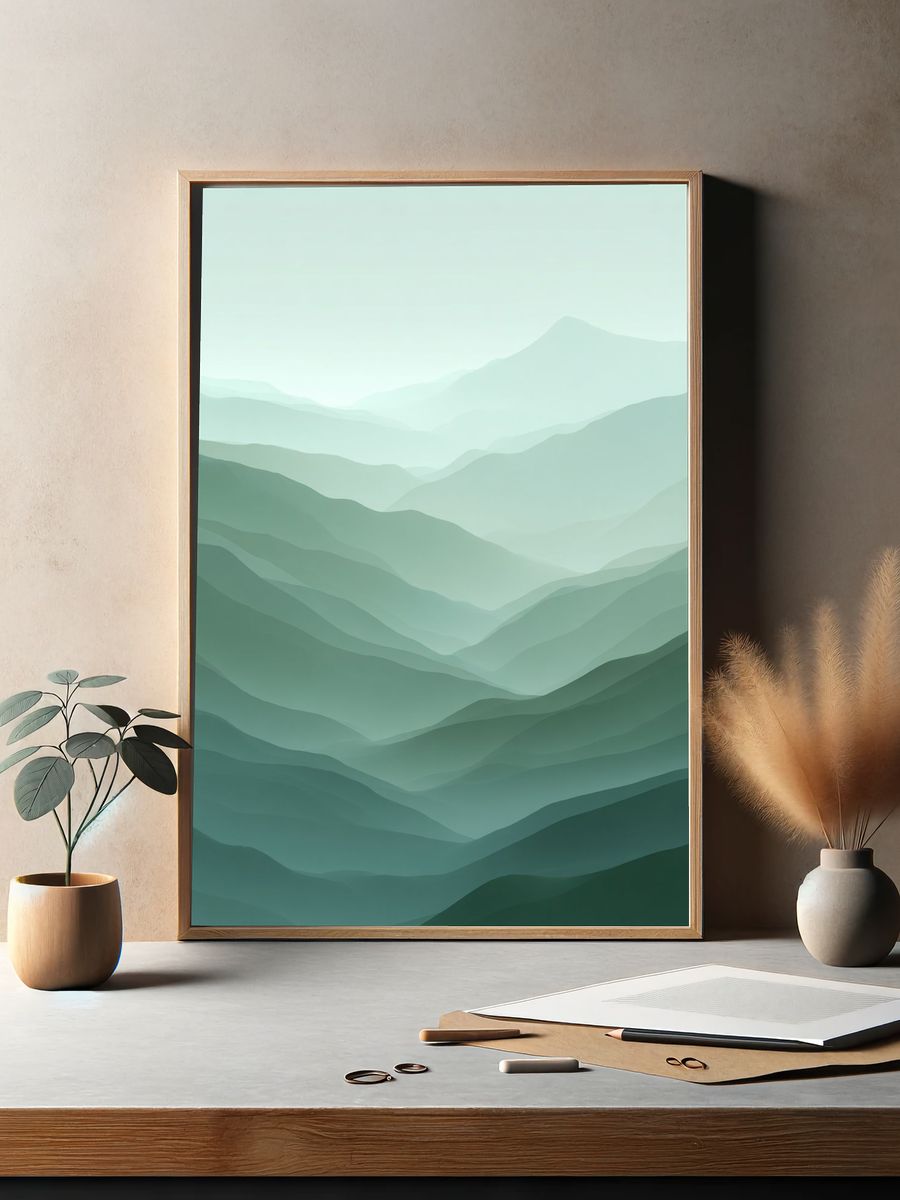 Misty Green Mountain Layers Print. — room view 2