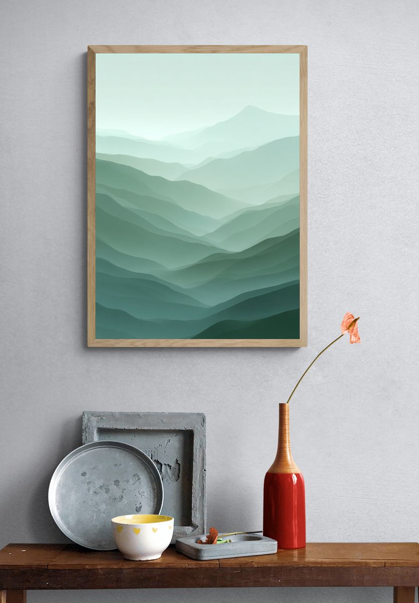 Misty Green Mountain Layers Print. — room view 3