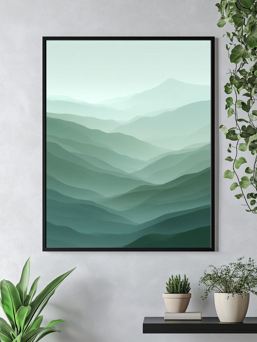 Misty Green Mountain Layers Print. — room view 4