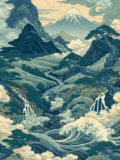 Japanese Mountain Landscape Print. poster