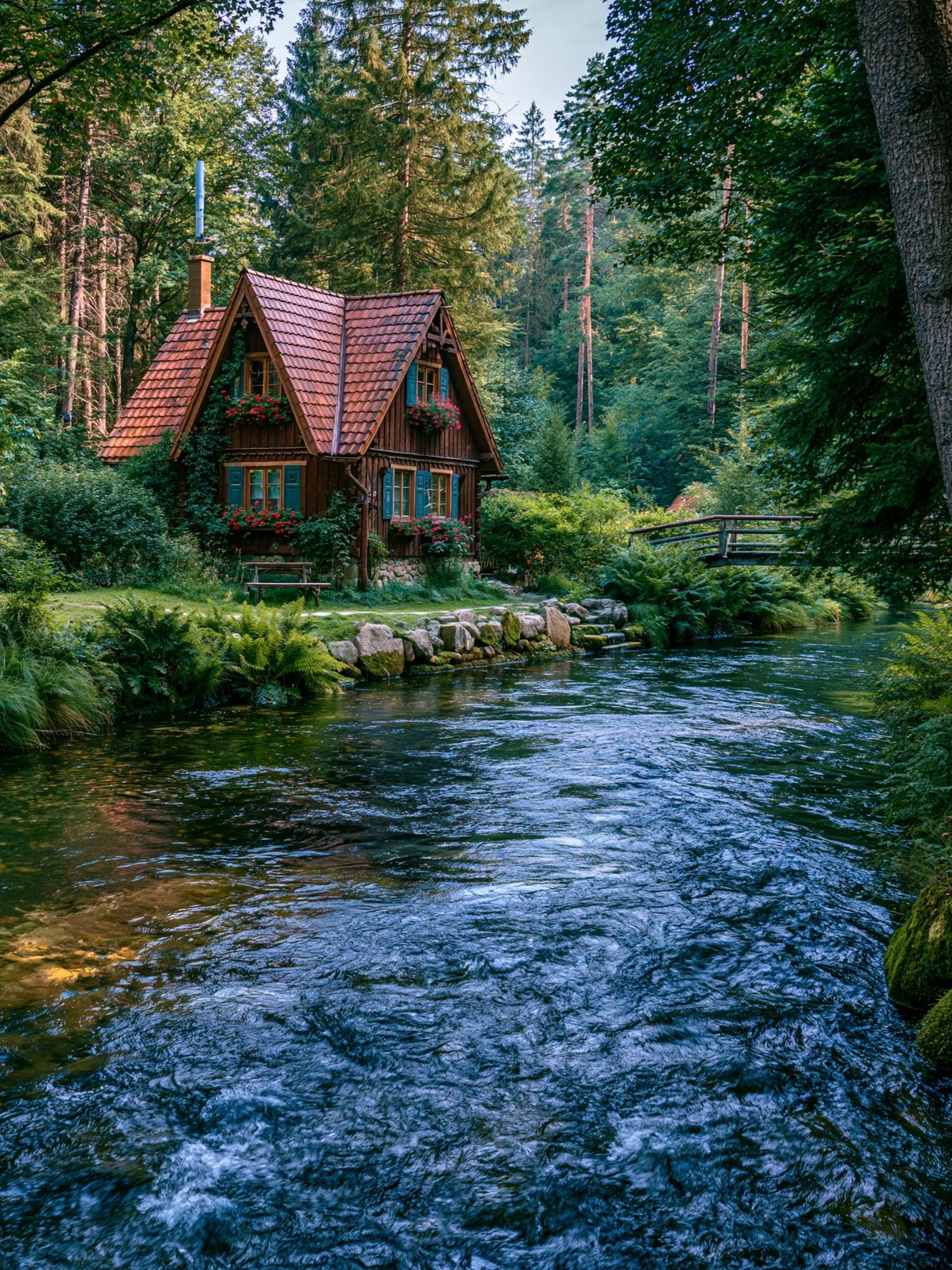 Forest Cottage River Landscape Poster. poster detail