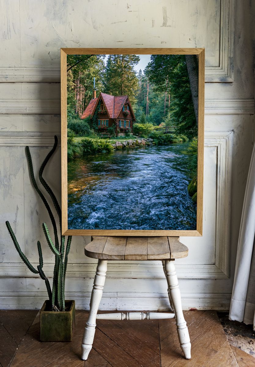 Forest Cottage River Landscape Poster. — room view 1