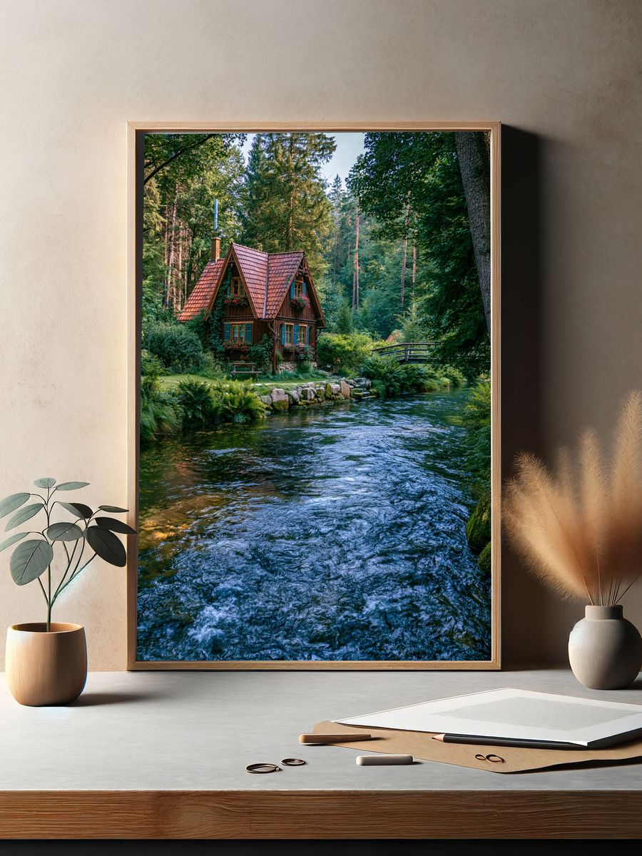 Forest Cottage River Landscape Poster. — room view 2