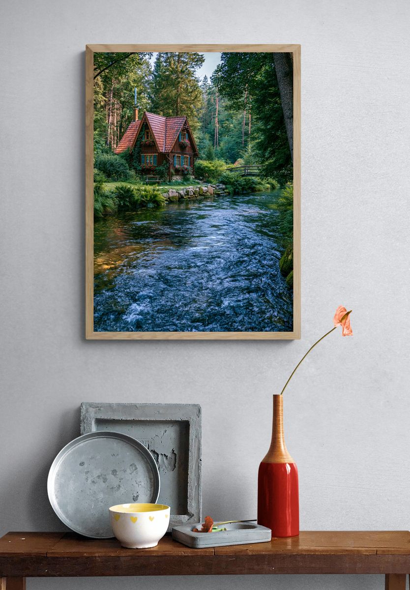 Forest Cottage River Landscape Poster. — room view 3