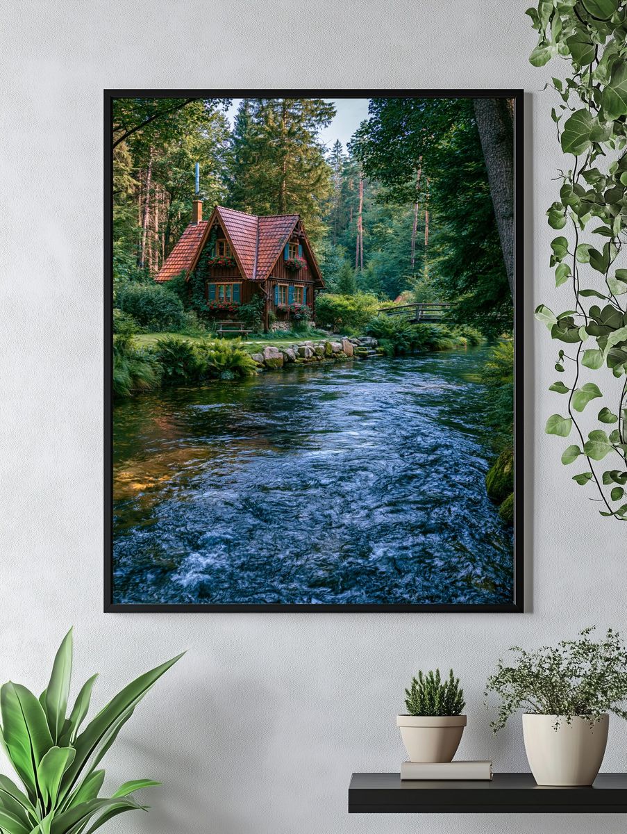Forest Cottage River Landscape Poster. — room view 4