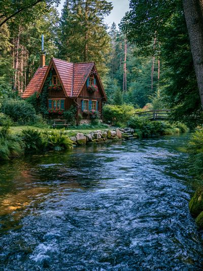 Forest Cottage River Landscape Poster.