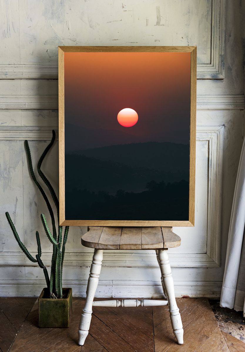 Sunset Over Misty Hills Print. room preview