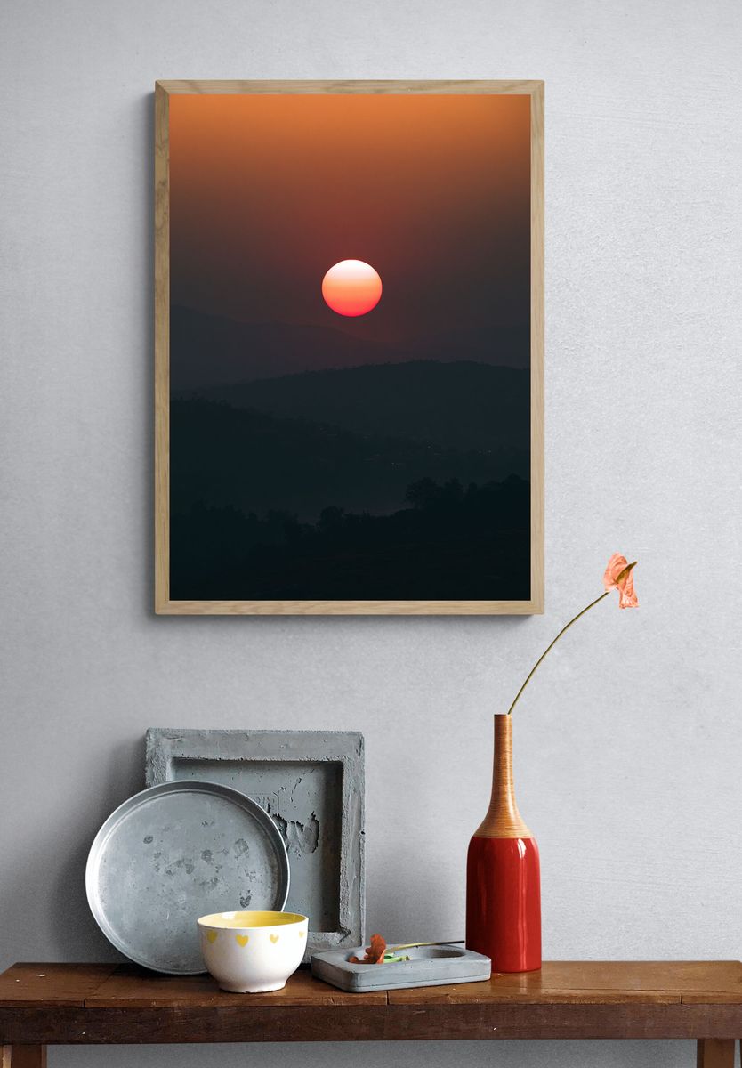Sunset Over Misty Hills Print. — room view 3