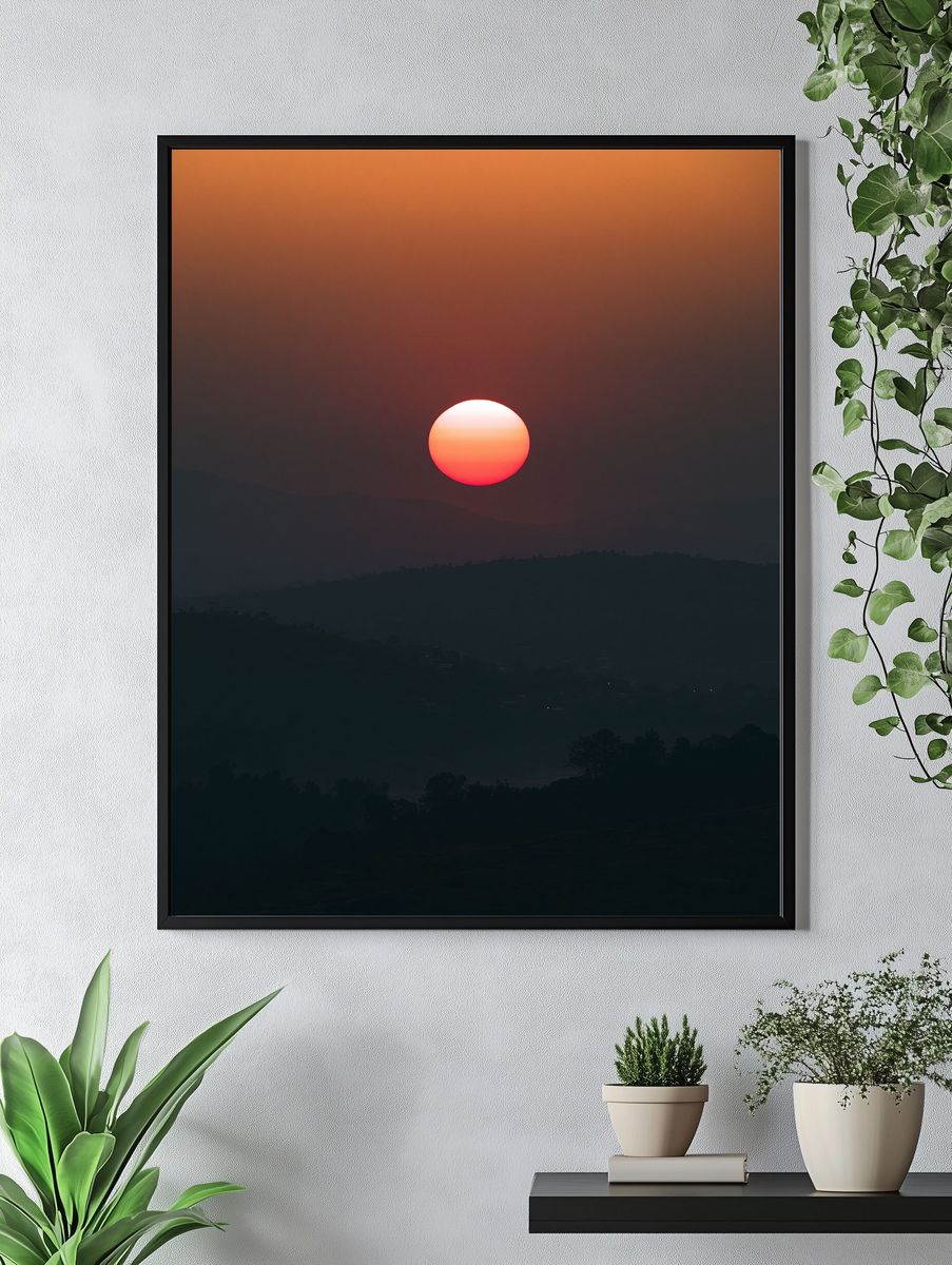 Sunset Over Misty Hills Print. — room view 4