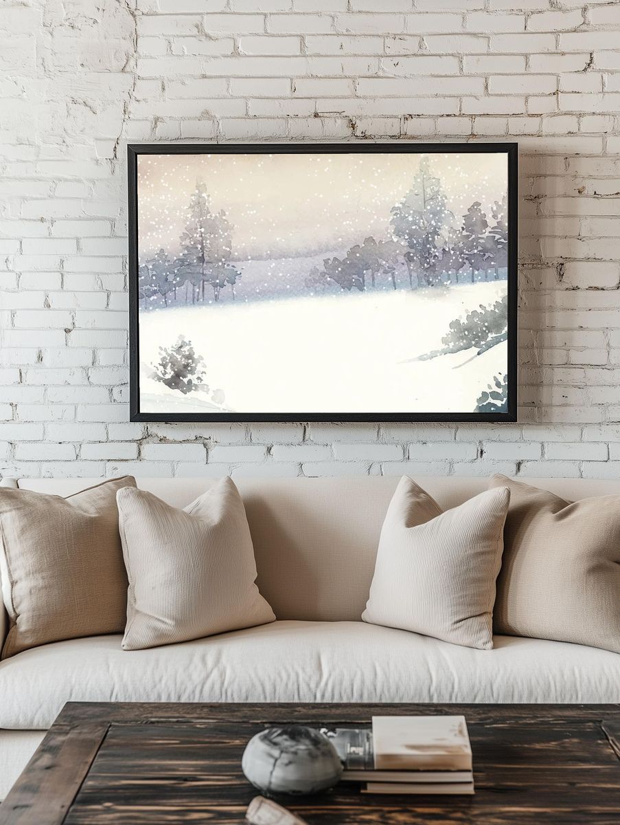 Winter wonderland landscape painted watercolor. room preview