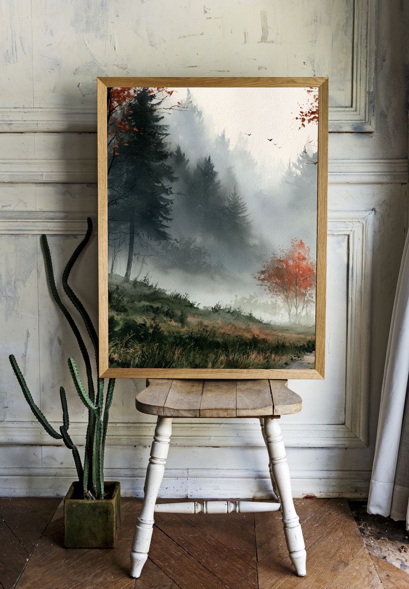 Misty Autumn Forest Watercolor Poster. — room view 1