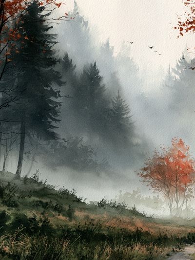 Misty Autumn Forest Watercolor Poster.
