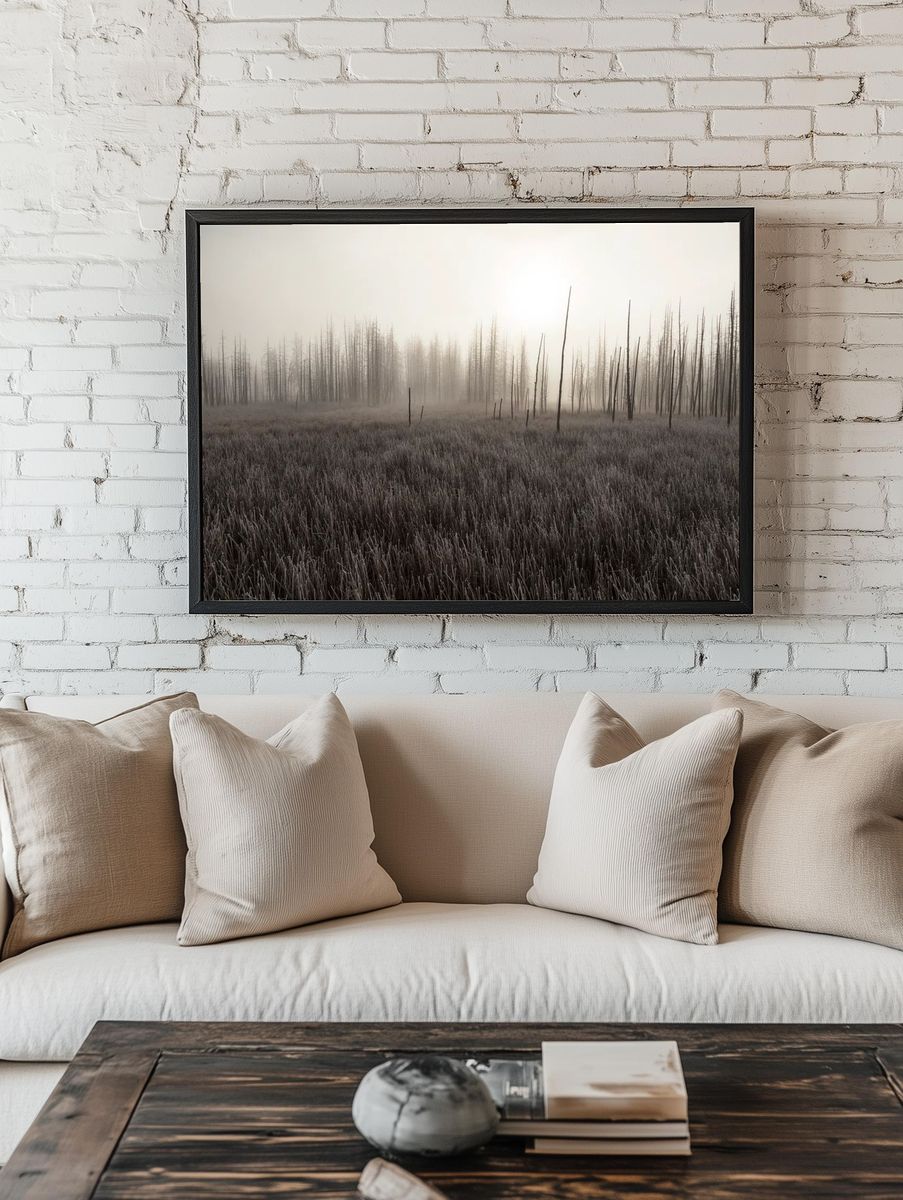 Misty Burnt Forest Landscape Print room preview