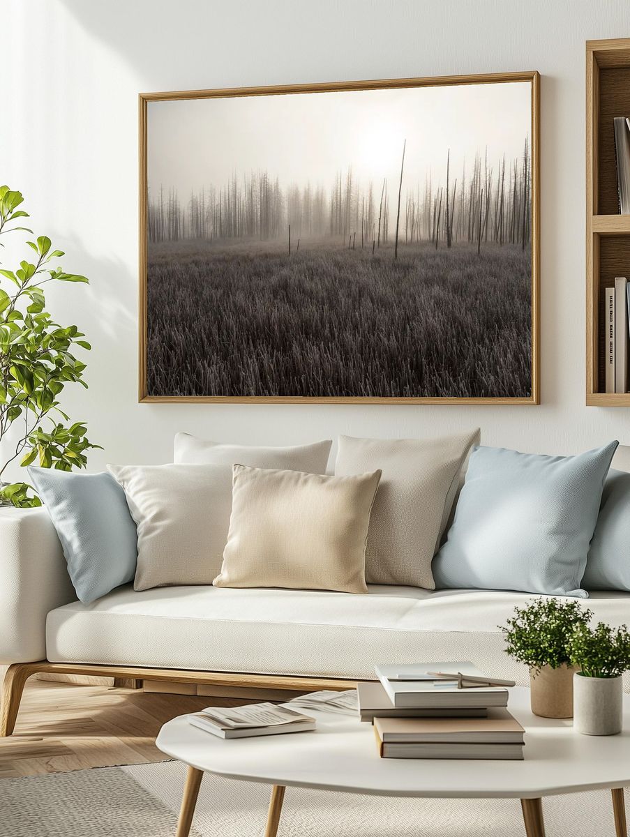 Misty Burnt Forest Landscape Print. — room view 2
