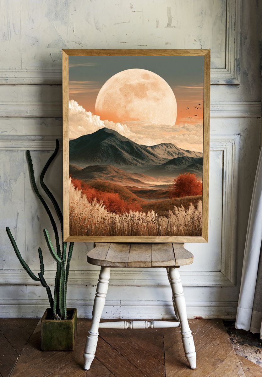 Moonlit Mountain Landscape Print. room preview