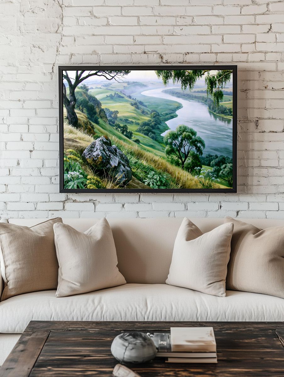 Misty River Valley Landscape Print. room preview