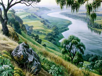 Misty River Valley Landscape Print.