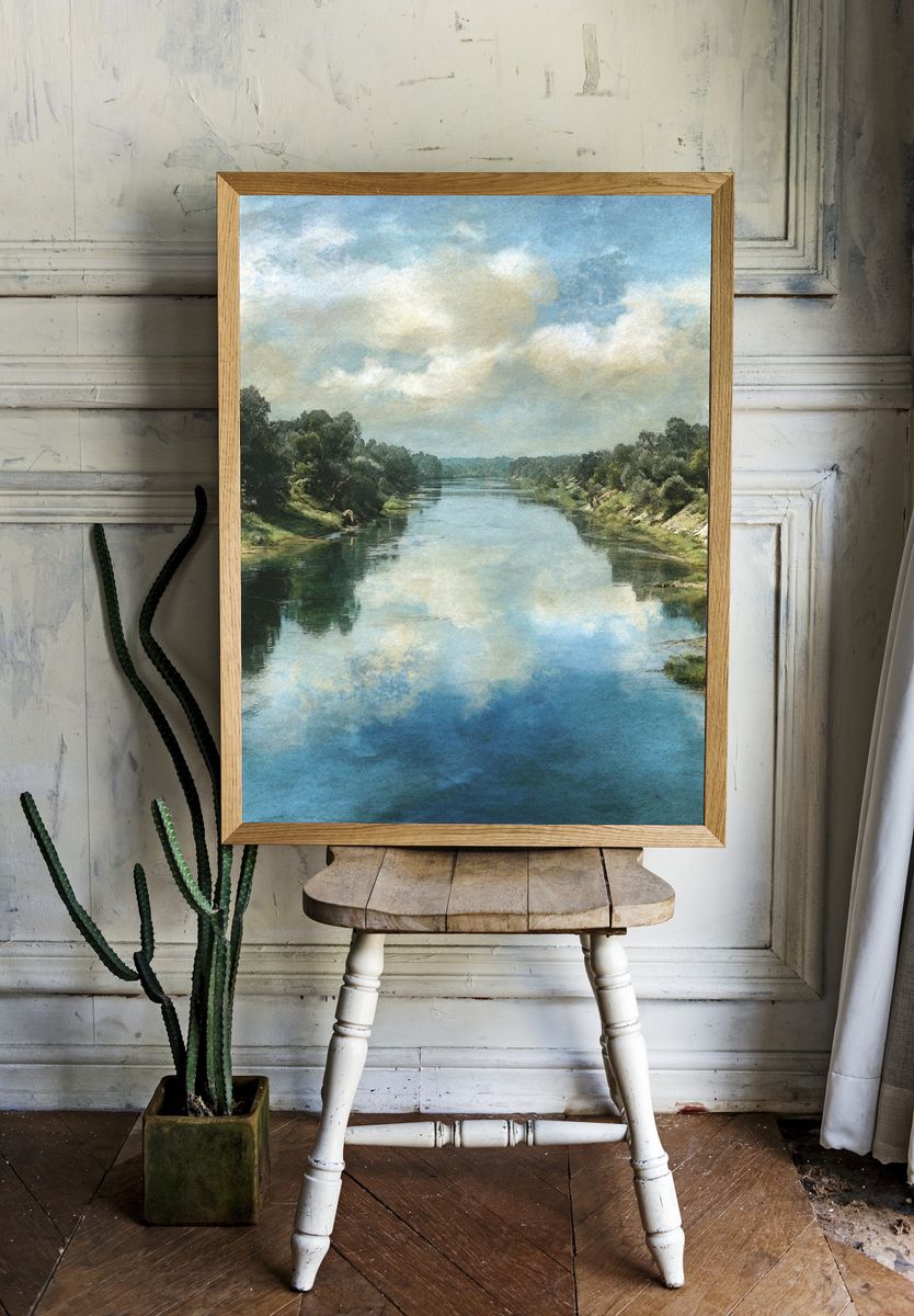 River Landscape Watercolor Print. — room view 1